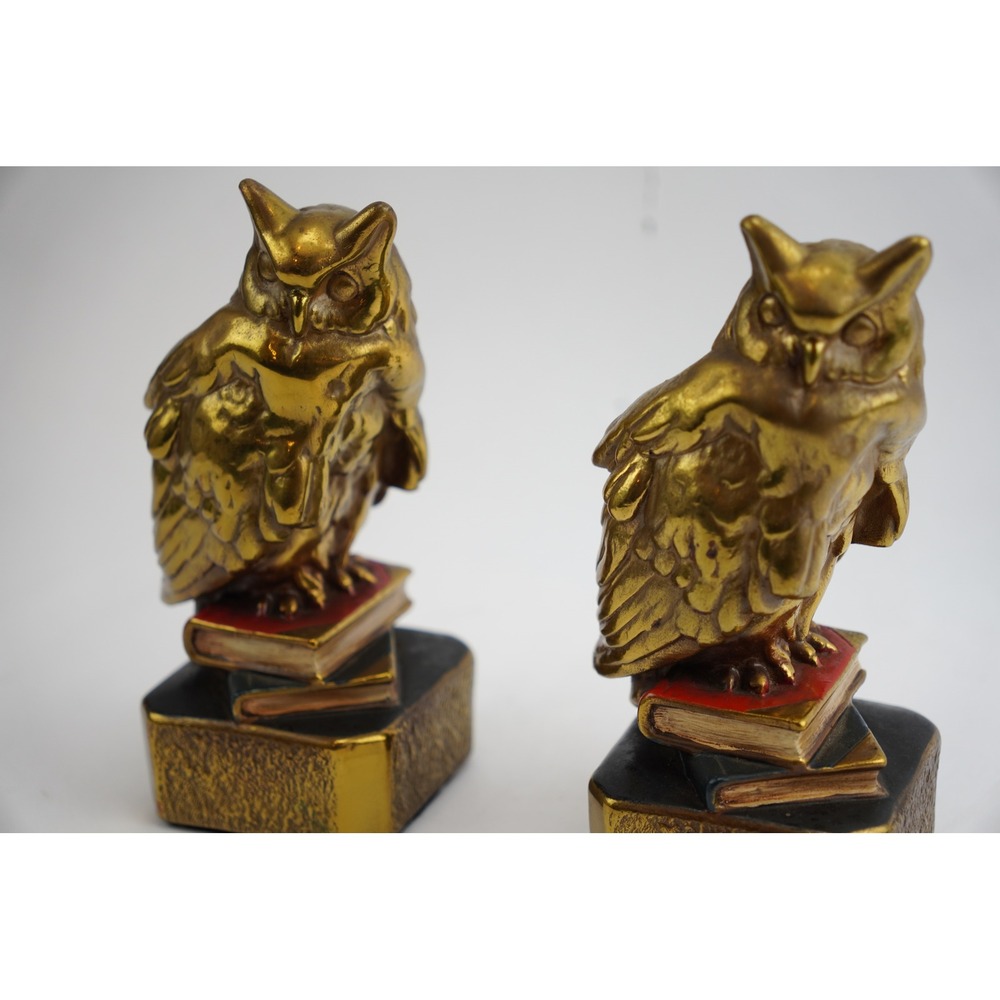 Antique Bronze Clad Owl on Books Sculpture Bookends Library - Picture 2 of 8